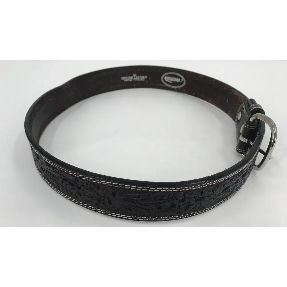 Montana Silversmiths Hand Tooled Leather‎ Belt Brown Size 30 Mens Silver Tone